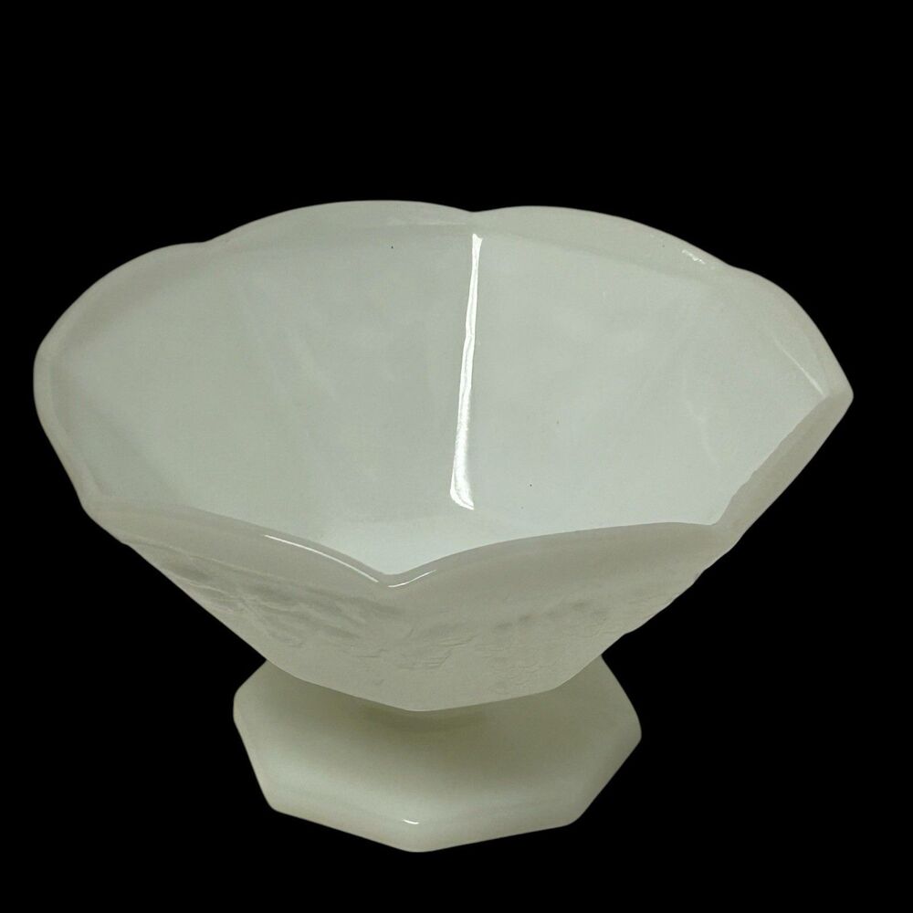 Vintage White Milk Glass Pedestal Footed Fruit Bowl Grape Vine & Leaf Pattern